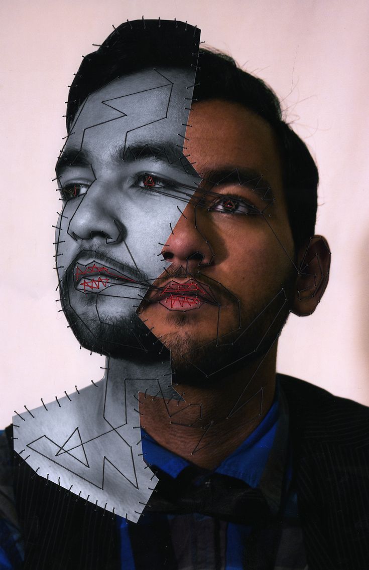 a man's face has been cut out to look like he is looking at something