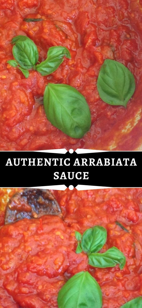 two pictures of tomato sauce with basil leaves on top, and the same image in black text