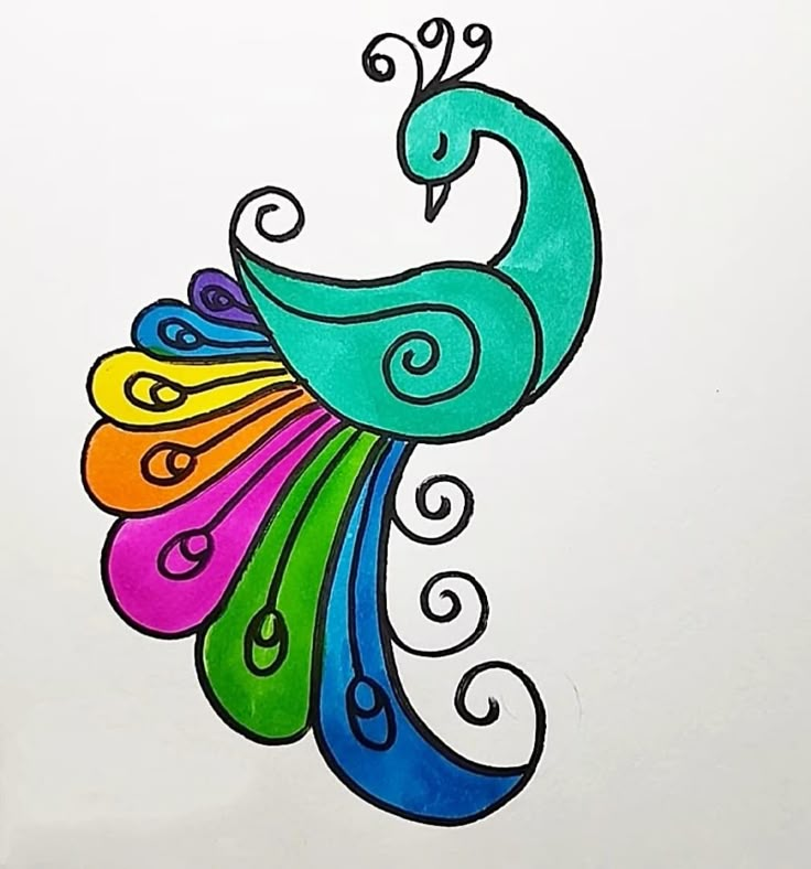 a drawing of a peacock with multicolored feathers