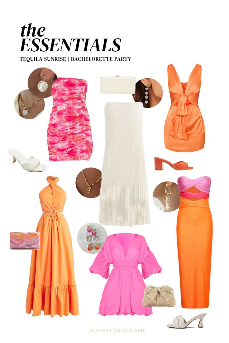 Pink Orange Bachelorette Outfits, Bach Party Theme Outfits, Tequila Sunrise Bachelorette Theme Outfits, Pink Orange Yellow Bachelorette Outfits, Tequila Sunrise Outfit Theme, Cancun Bachelorette Outfits, Tequila Sunrise Bachelorette Party, Tequila Sunset Outfit, Bachelorette Outfit Themes Beach