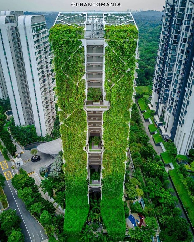 an aerial view of a tall building with plants growing on the side and green roof