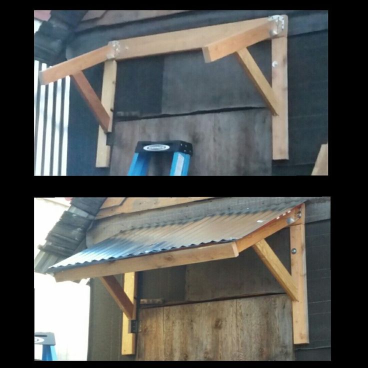 two pictures of the roof and side of a building with paint cans on top of it