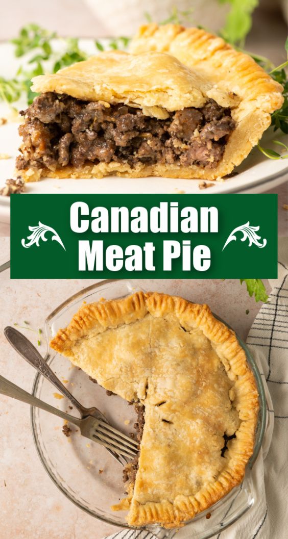 the canadian meat pie is cut in half and ready to be eaten