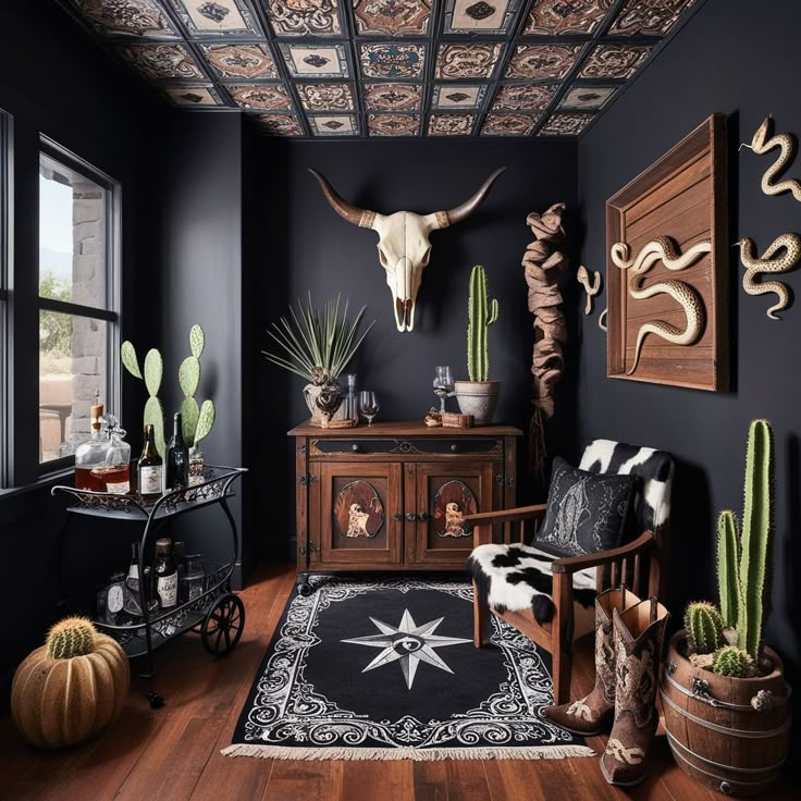 a living room with black walls and wooden floors, decorated in southwestern style decor including cacti