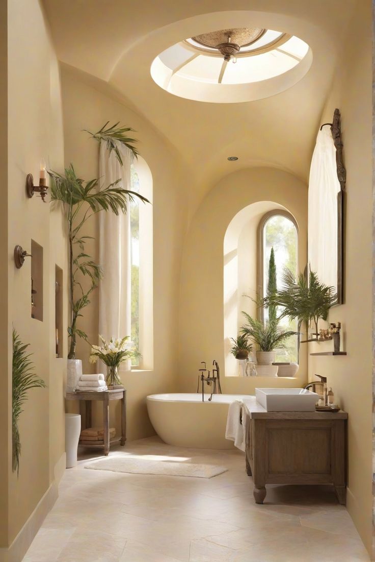 a bath room with a tub a sink and two plants on the windows sill