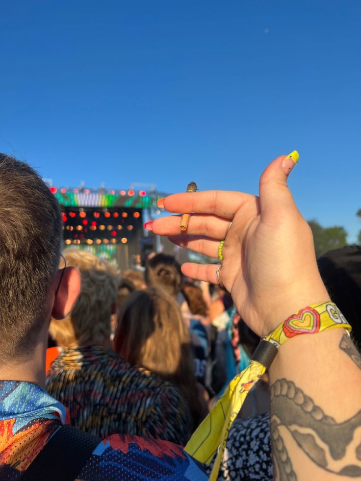 a person holding their hand up in the air at a music festival with other people