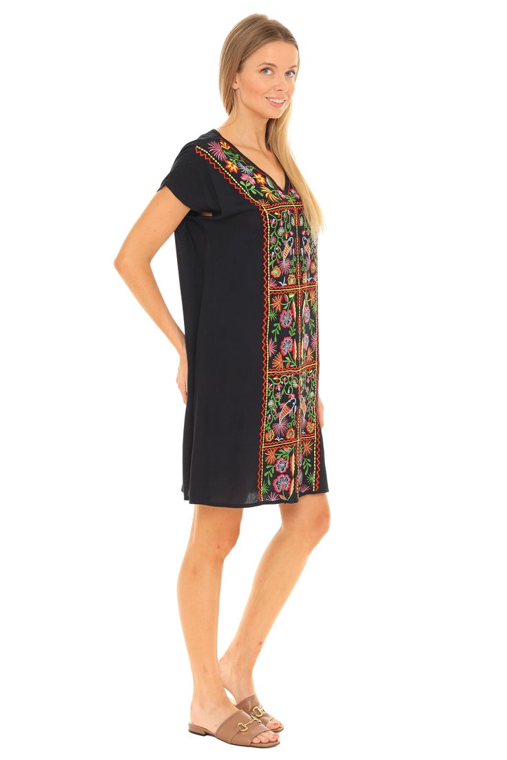 Be ready for warm weather with this chic dress that features a floral pattern and breezy short-sleeve design. Size S: 35'' long from high point of shoulder to hem 100% rayon Machine wash Knee-length Summer Short Sleeve Dress For Vacation, Summer Knee-length Short Sleeve Dress For Vacation, Knee-length Summer Dress For Vacation, Summer Floral Printed Knee-length Embroidered Dress, Knee-length Short Sleeve Summer Beach Dress, Casual Cap Sleeve Dresses For Summer, Embroidered Short Sleeve Dresses For Summer, Short Sleeve Rayon Sundress, Casual Floral Embroidery Beach Dress