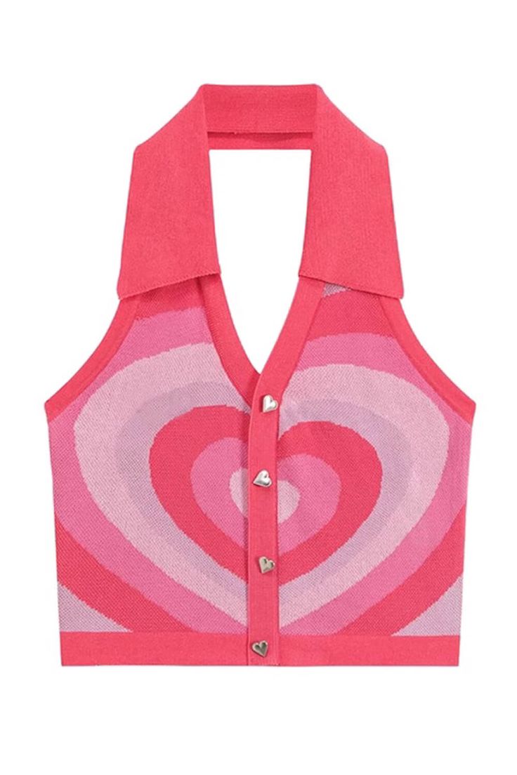 Pink Layered Heart Collar Halter Neck Top for Women Indie Spring Heart Print V-neck Top, Summer Tops With Heart Graphic, Pink Heart Print Sleeveless Tops, Fitted Heart Graphic Crop Top For Summer, Fitted Crop Top With Heart Graphic, Fitted Heart Graphic Crop Top, Y2k Heart Print Top For Spring, Fitted Summer Top With Heart Print, Fitted Heart Print Top For Summer