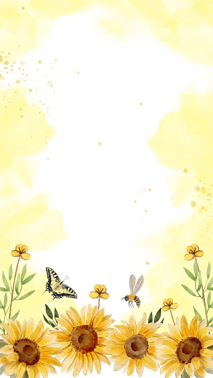 sunflowers and butterflies on a yellow background