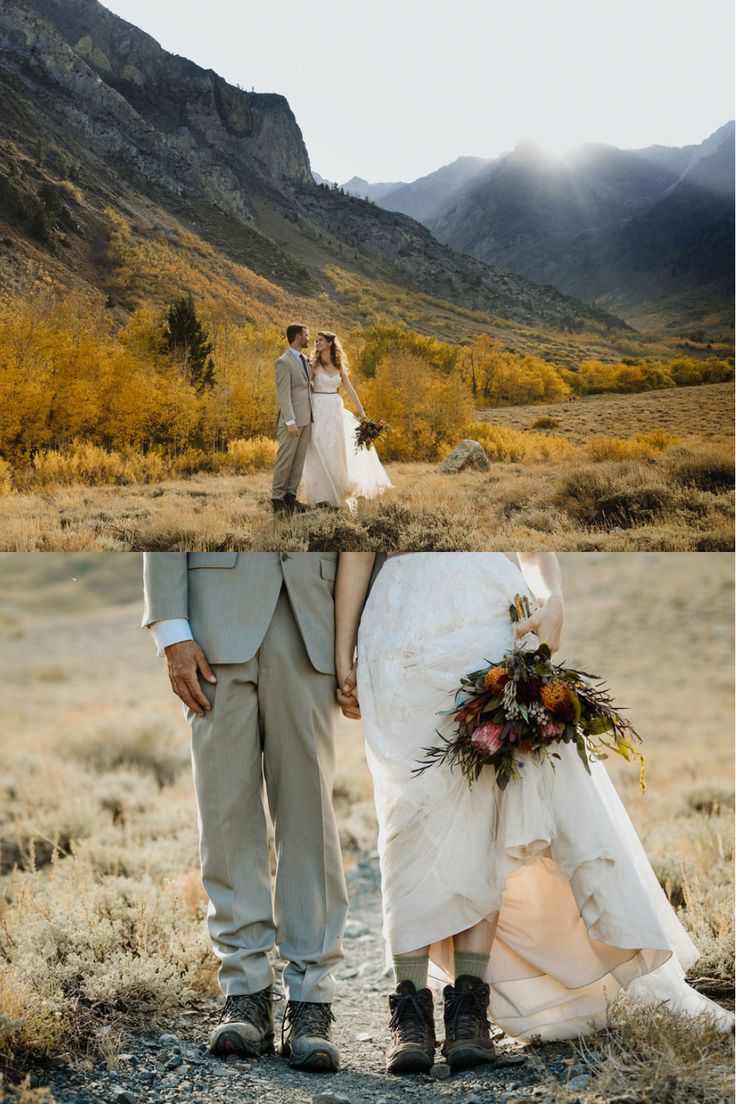 a bride and groom are standing in the mountains