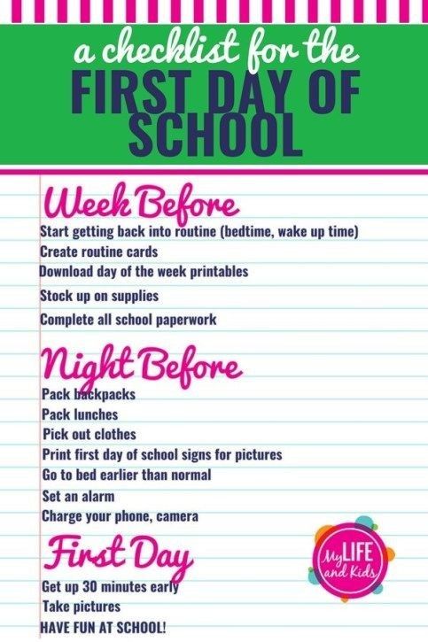 a checklist for the first day of school with pink and green stripes on it