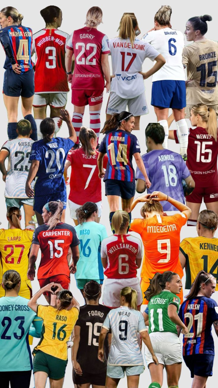 a collage of women's soccer uniforms with numbers on the front and back