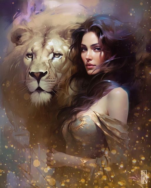 a beautiful woman standing next to a white lion in front of a sky filled with stars