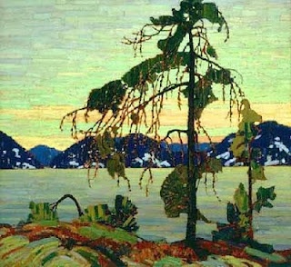 a painting of a tree with mountains in the background and water on the other side