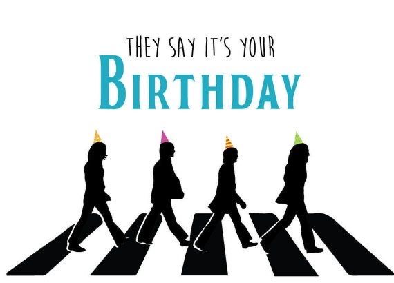 the silhouettes of people walking across a crosswalk with hats on their heads and words that say, they say it's your birthday