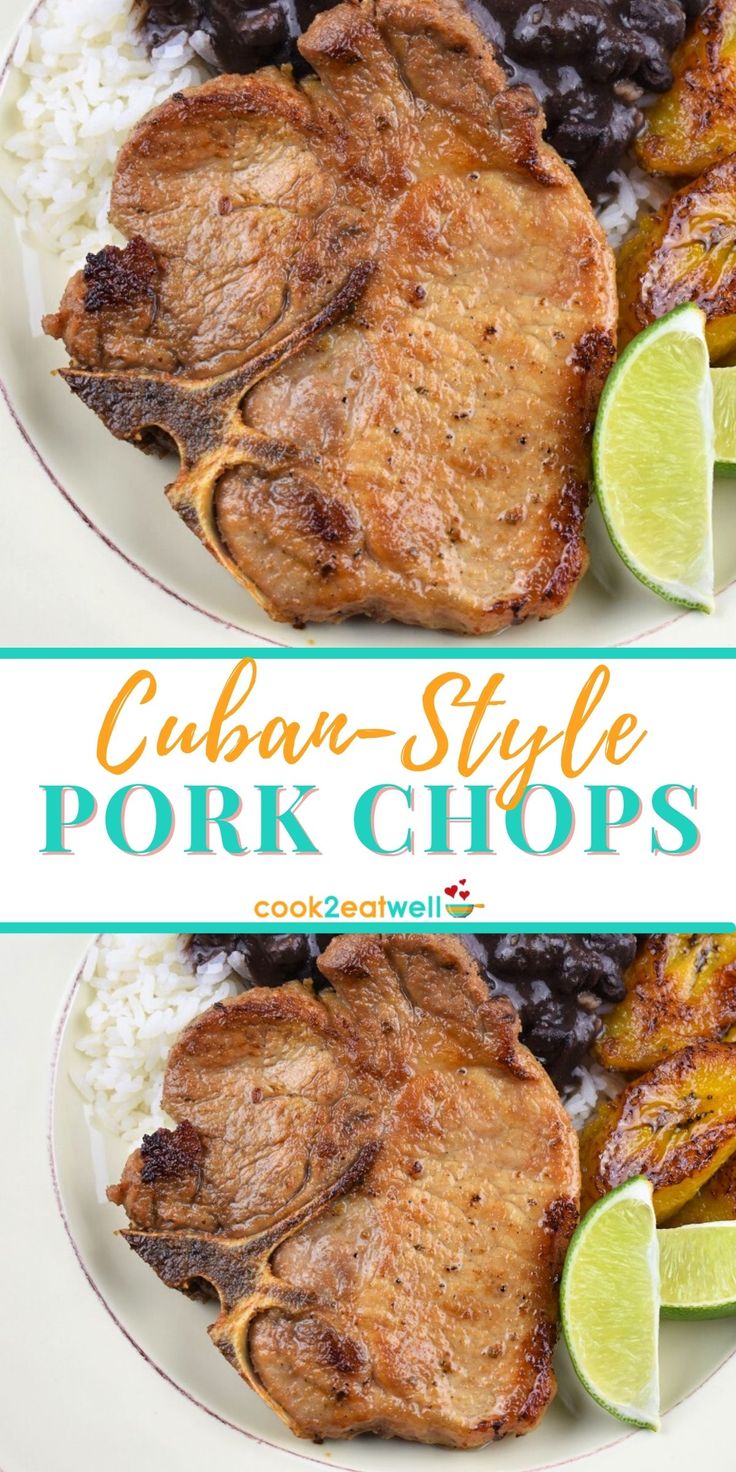 Two images of the pork chops served with white rice, black beans, fried sweet plantains and lime wedges on a white plate. Between the pictures is a graphic with the title in yellow and aqua letters. Cuban Pork Chops Recipes, Pork Chop Spanish Style, Spanish Fried Pork Chops, Pork Chop Recipes Spanish Style, Pork Chops Puerto Rican Style, Cuban Style Pork Chops, Sazon Pork Chops, Spanish Pork Chop Recipes, Spanish Style Pork Chops