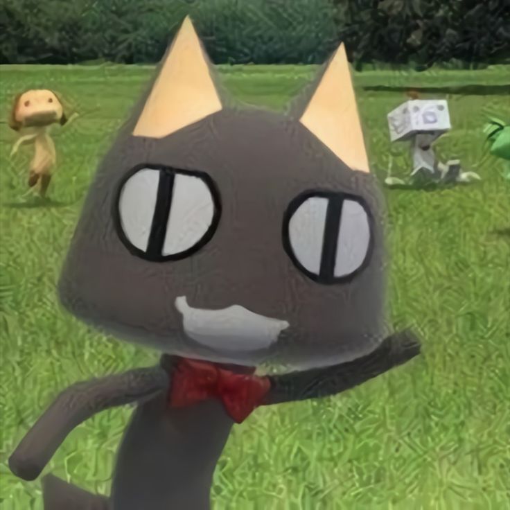 an animated cat is standing in the grass