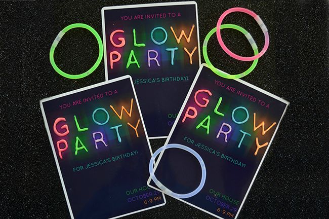 glow party birthday cards with neon text and rings on the front, set of four