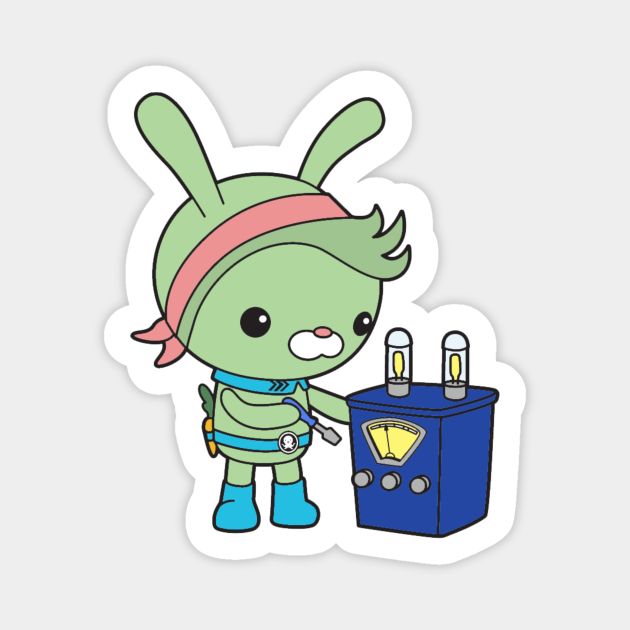 a sticker with an image of a cartoon character next to a radio and antenna