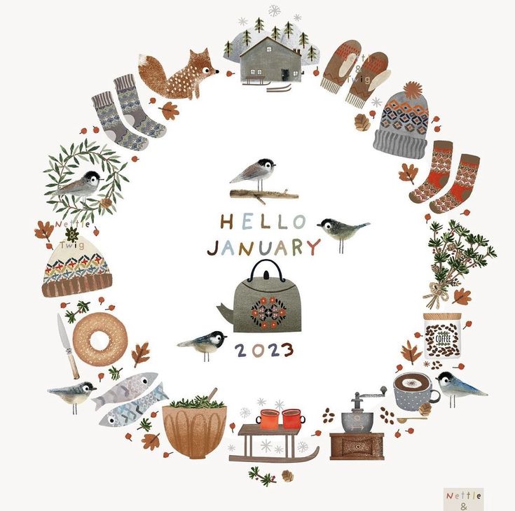 a circular frame with various items in the shape of a circle and words hello january