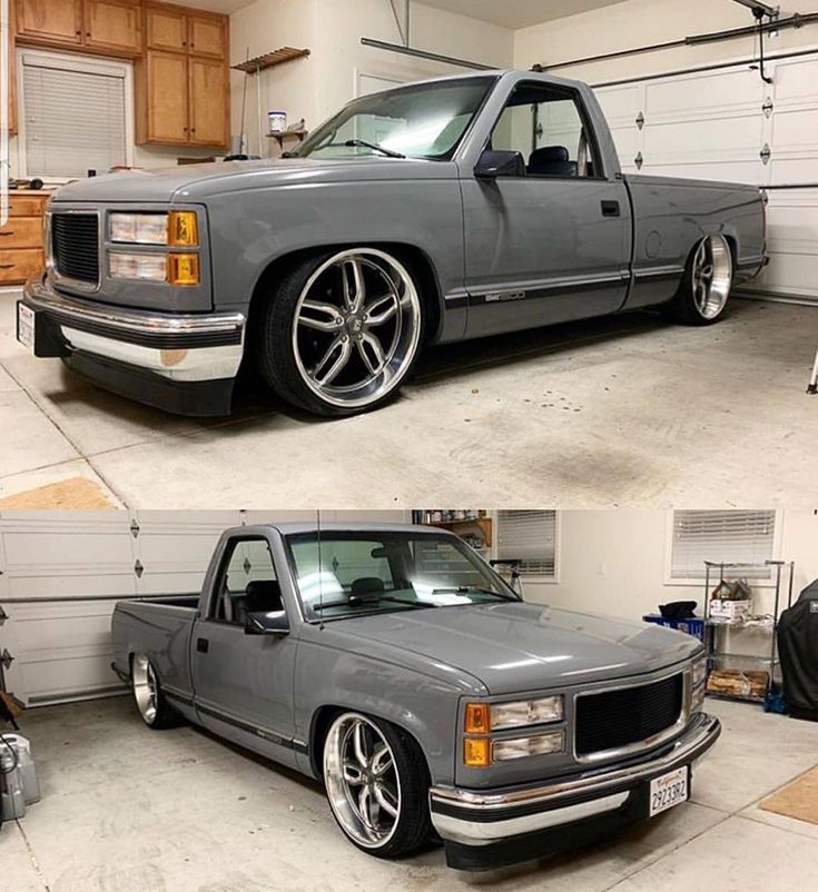 two pictures of a silver truck parked in a garage