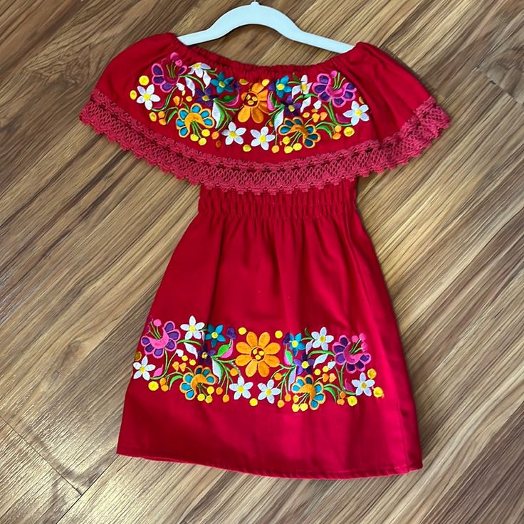 Beautiful Mexican Hand Embroidered Dress Red Sleeveless Dress With Floral Embroidery, Red Sleeveless Embroidered Dress, Red Floral Embroidered Cotton Dress, Red Cotton Dress With Floral Embroidery, Red Embroidered Short Sleeve Dress, Fitted Red Embroidered Cotton Dress, Red Fitted Embroidered Cotton Dress, Short Sleeve Red Dress With Embroidered Hem, Red Short Sleeve Dress With Embroidered Hem