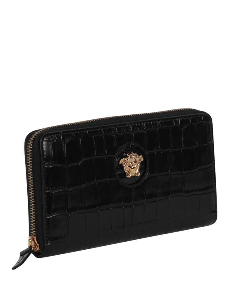 Length: 7.6875" x Width: 0.875" x Height: 4.25" | Zipper closure | One interior zip pocket and 12 card slots | Embossed finish | Specialist clean only | 100% Calfskin leather | Made in Italy Versace Gold, Couture Accessories, Versace Wallet, Ralph Lauren Outfits, Women Men Shoes, Pumps Flat, Handbags On Sale, Sneakers For Sale, Loafer Shoes