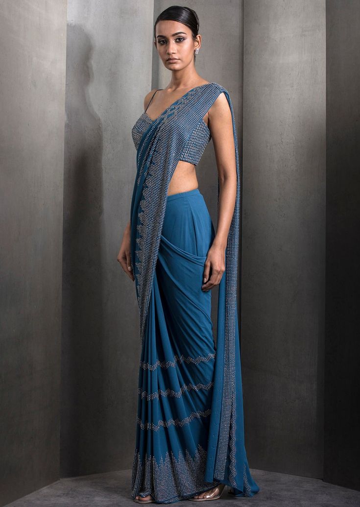 Draped pre-stitched tulle sari embellished with tonal embroidery with matching embroidered blouse. Tonal Embroidery, Embroidered Blouse, Embroidery, Blue