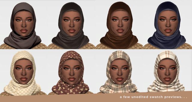 six different types of headscarves for females in various styles and colors, all with scarves on their heads