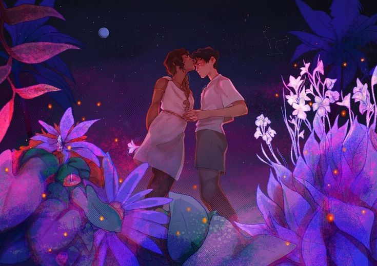 two people standing next to each other in front of purple flowers and blue sky with stars