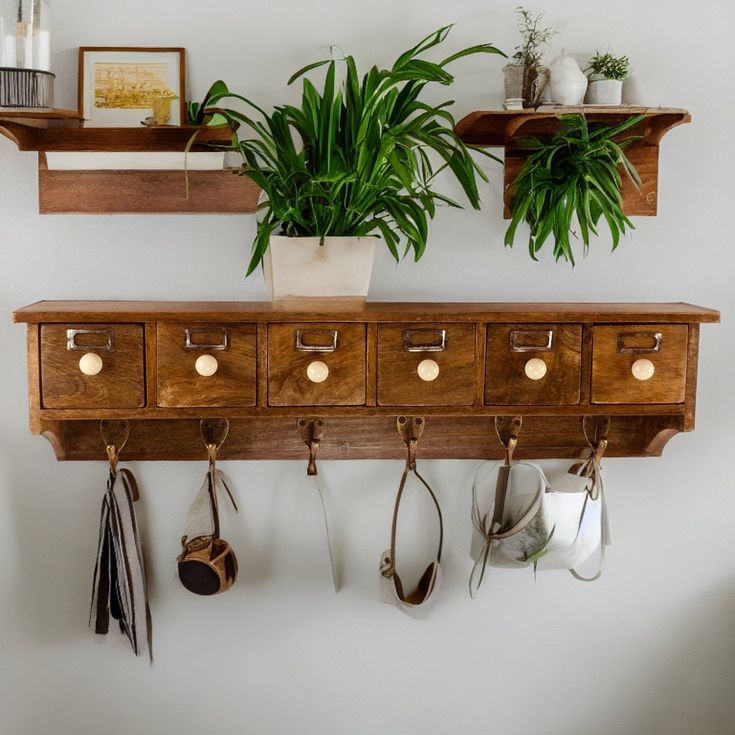 a potted plant sitting on top of a wooden shelf next to hanging pots and pans