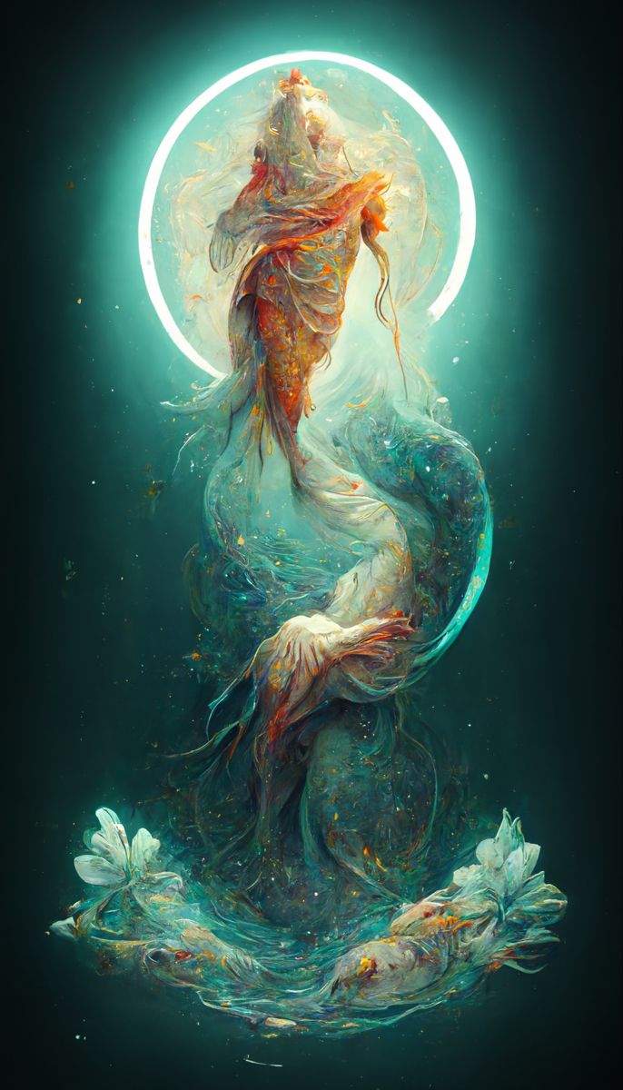 a painting of a mermaid sitting on top of a fish