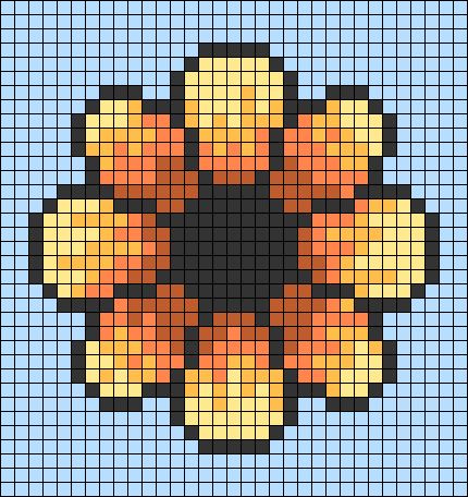 a cross stitch pattern with an orange flower in the center on a blue square background