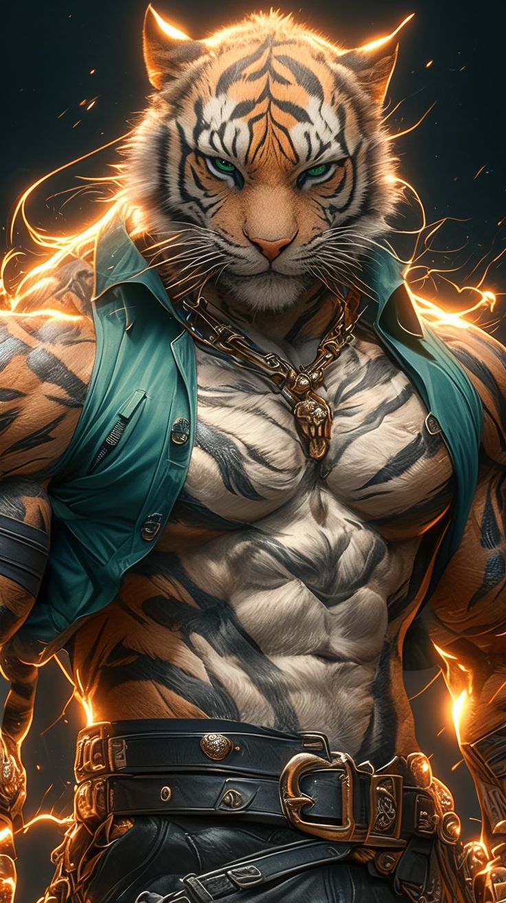 an image of a tiger with chains on it's chest and his shirt open