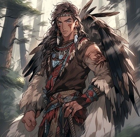 a native american man in the woods with an eagle on his shoulder and one arm wrapped around him