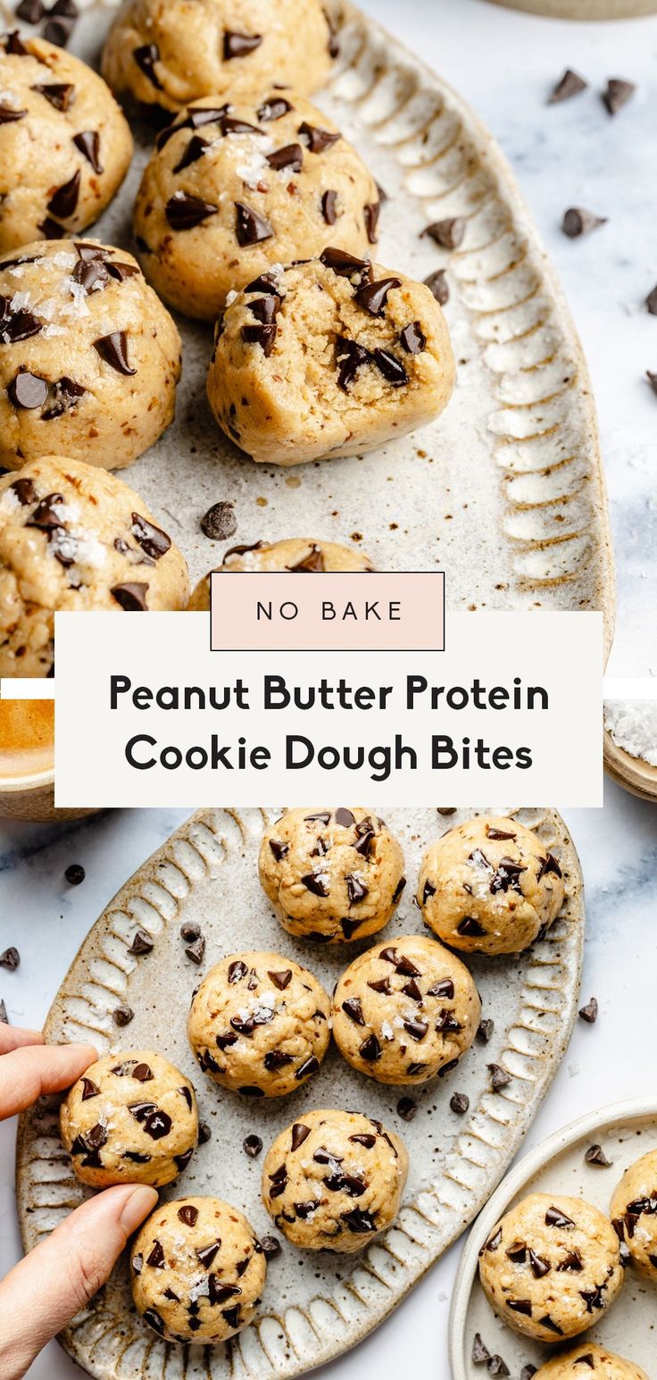 no bake peanut butter protein cookie dough bites on a platter with chocolate chips