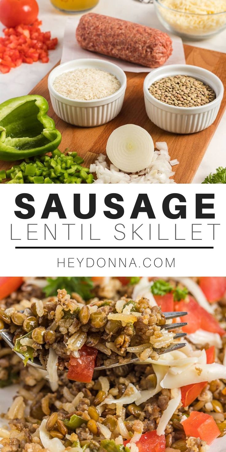 this sausage lentil skillet is loaded with lots of vegetables and seasonings to make it