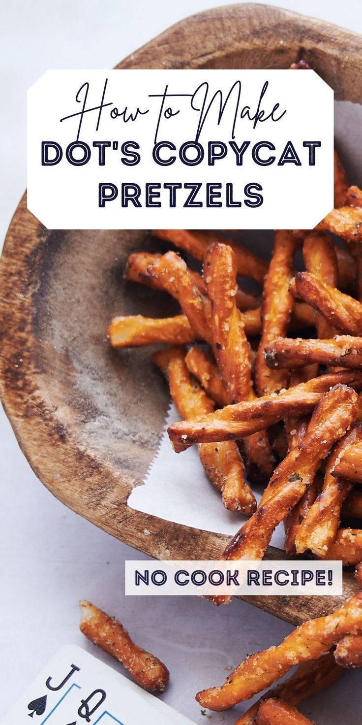 a wooden bowl filled with cheeto fries and the words how to make dot's copycat pretzels