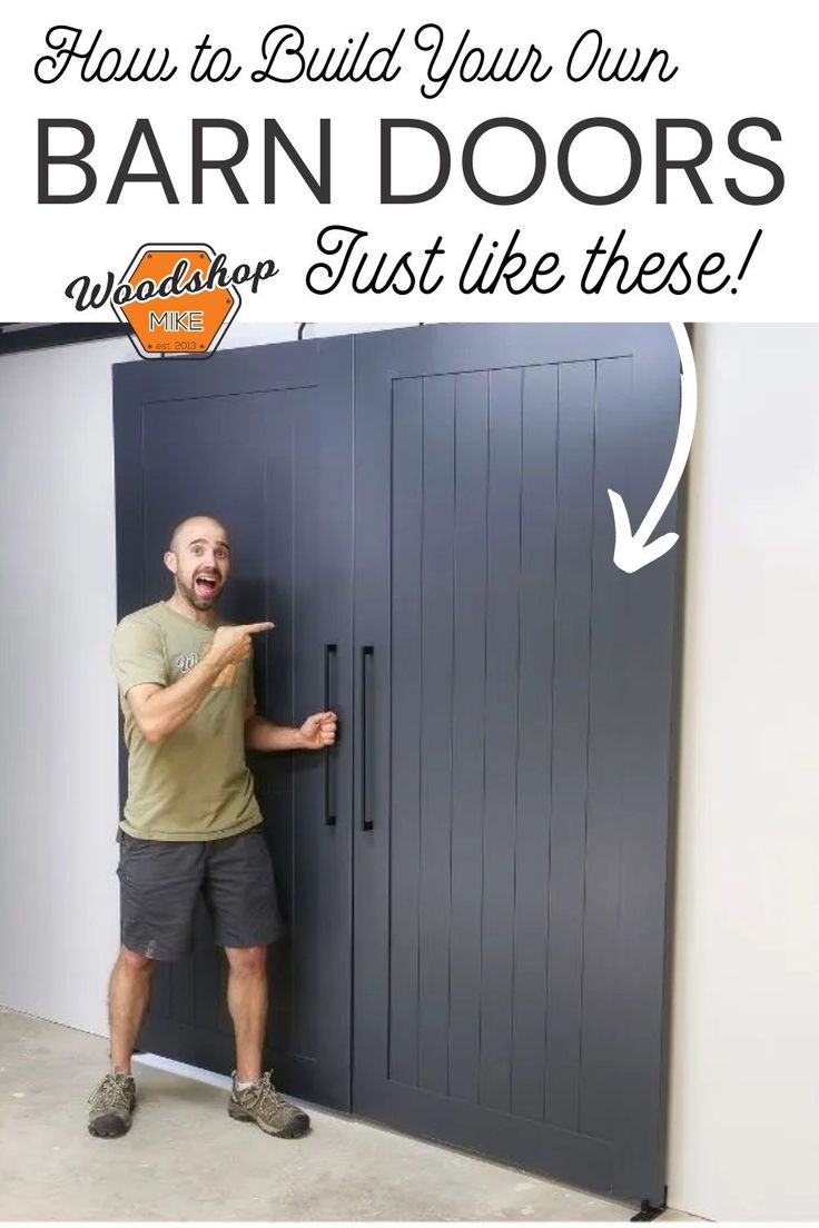 a man standing in front of an open barn door with the words how to build your own barn doors just like these