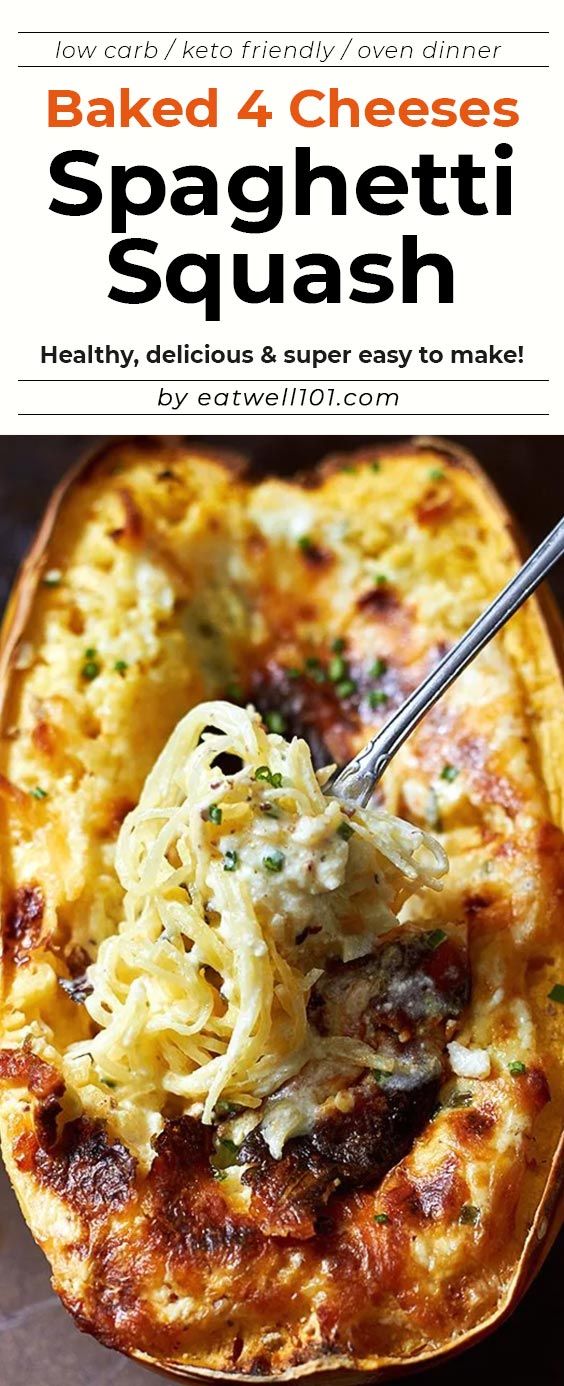 the cover of baked 4 cheeses spaghetti squash, with an image of a fork in it