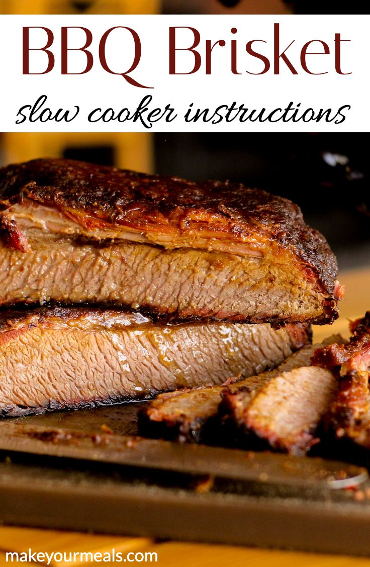 slow cooker barbecue brisket on a baking sheet with text overlay that reads slow cooker barbecue brisket