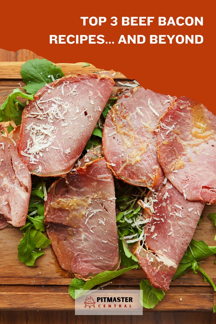 the top 3 beef bacon recipes and beyond is shown on a cutting board with lettuce