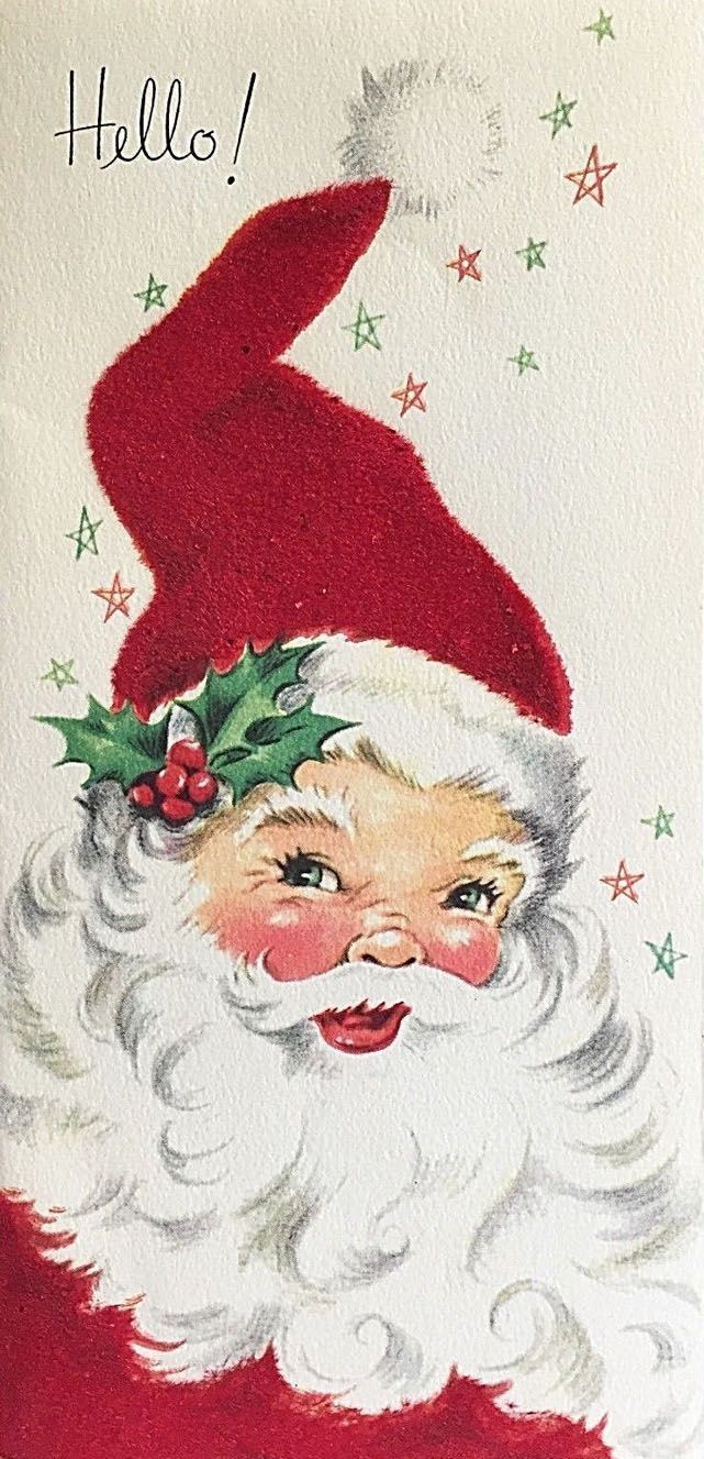 a christmas card with santa claus's face and holly berries on his hat, says hello