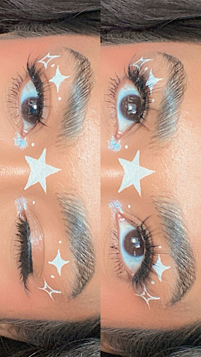 Easy Space Makeup, Eyeliner Art Creative, Makeup Looks White Eyeliner, Forehead Makeup, Simple Grafic Liner, Winter Eyeliner Looks, White Liner Looks, Cool Graphic Liner, Cute Star Makeup