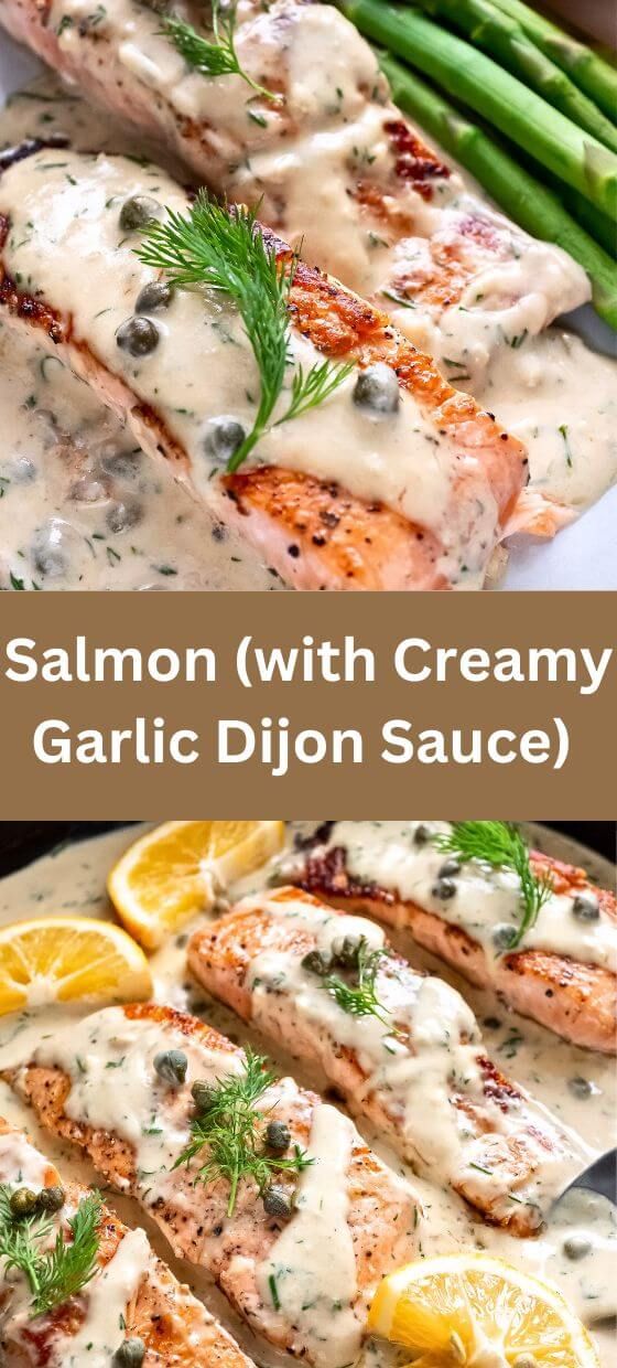 salmon with creamy garlic dijon sauce served on asparagus and lemon wedges