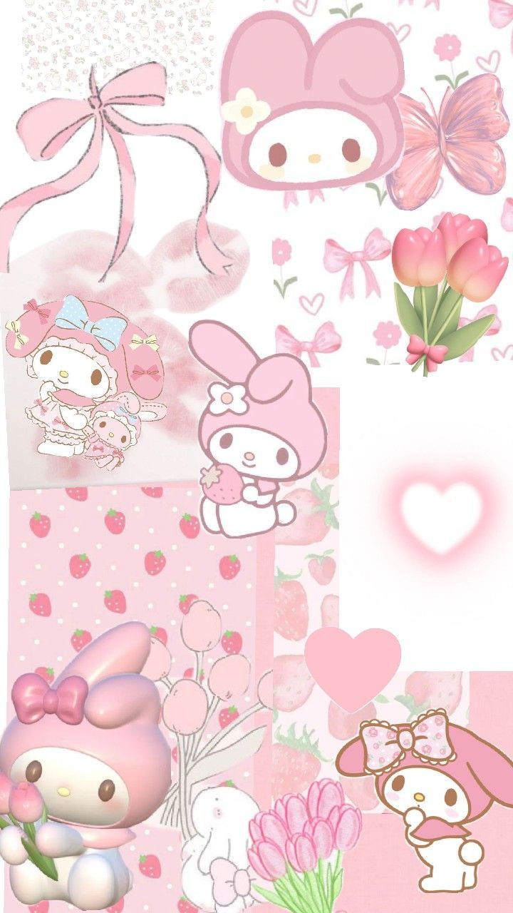 the hello kitty wallpaper is pink and has hearts, flowers, and other things