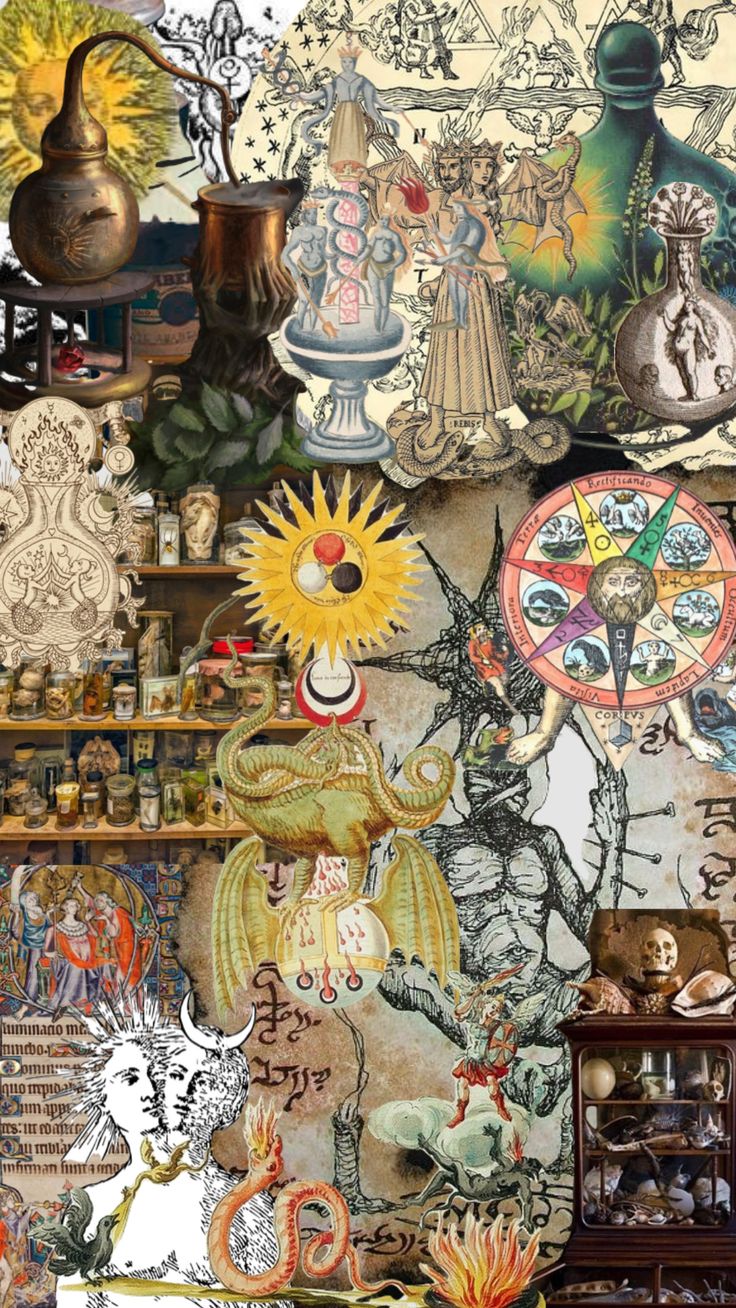 a collage of many different types of art work on a wall with shelves and vases