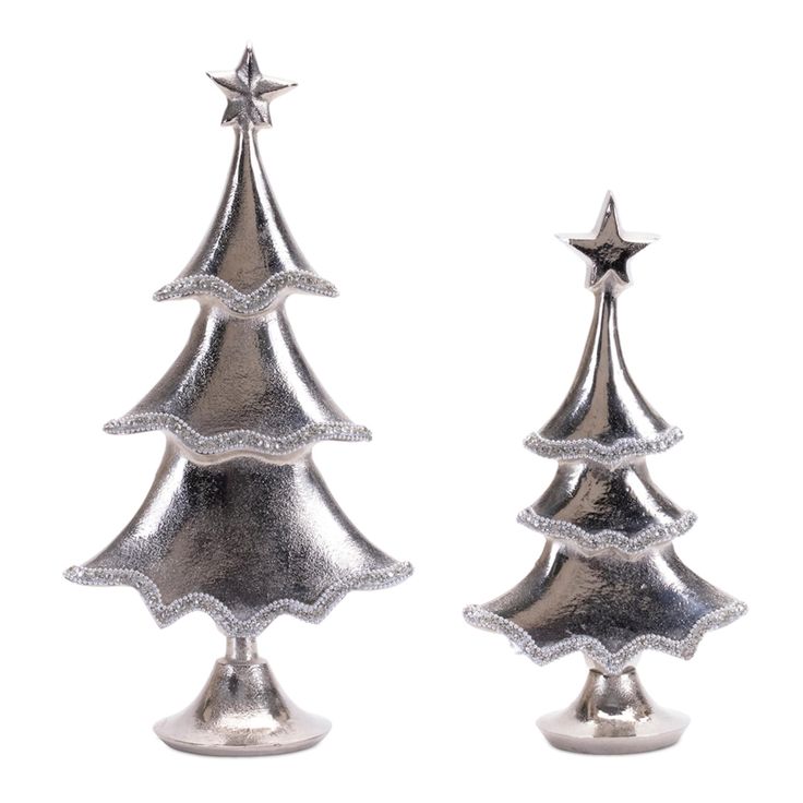 two silver metal christmas trees on white background