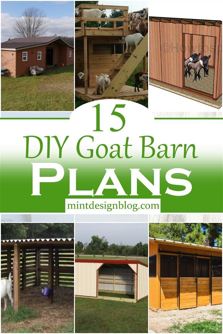 the cover of 15 diy goat barn plans is shown with pictures of horses in their pen