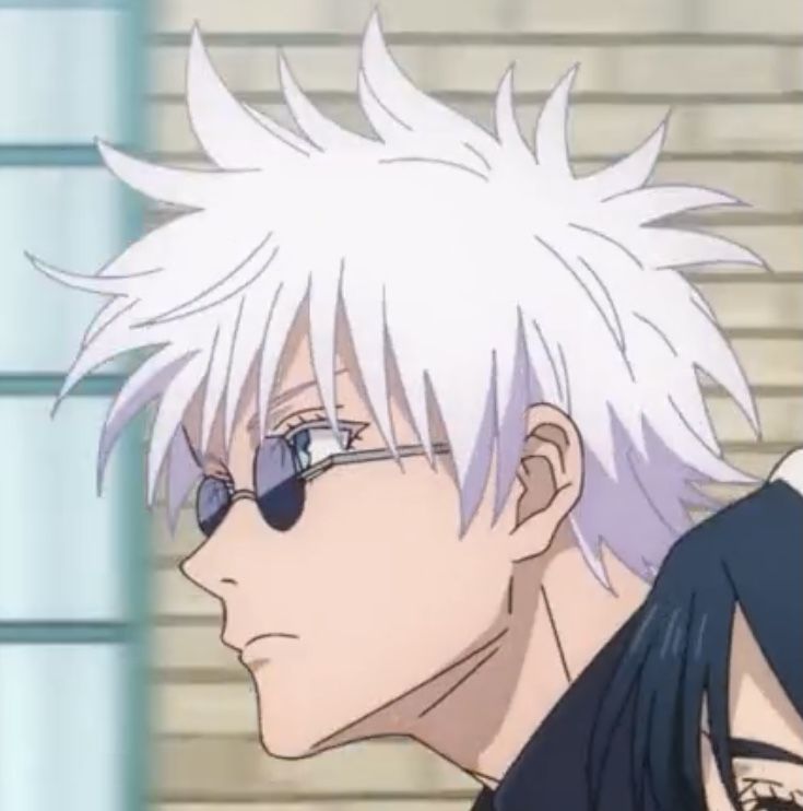 an anime character with white hair and glasses looking off to the side in front of a window